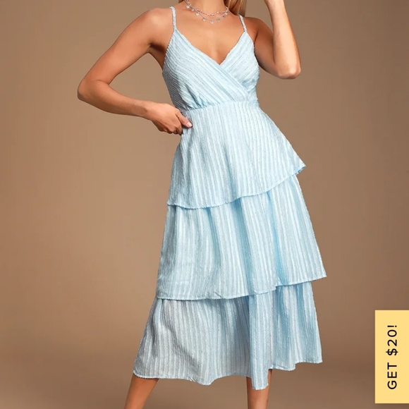 Lulus Dresses & Skirts - NWT Lulu's "Blaine" Blue and White Tiered Midi Dress Size XS